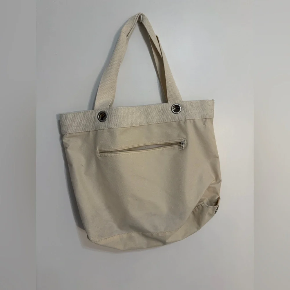 Upcycled Canvas Cream Beige Tote Bag with Blue Floral Accent